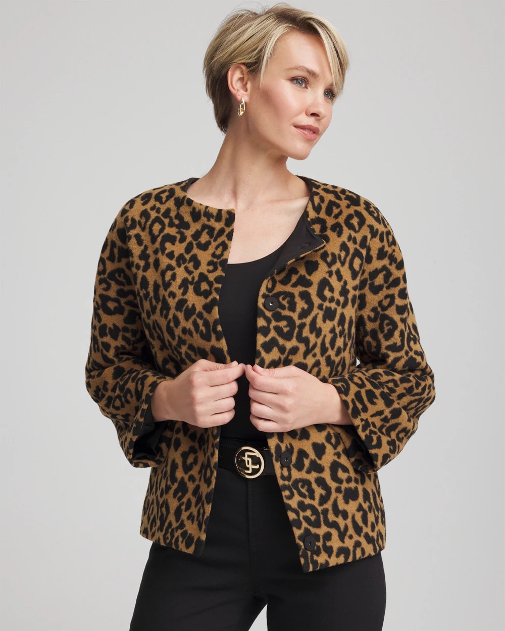 ジャケット・アウター Triacetate Polyester Collarless Jacket CHS_COCOON LEOPARD
